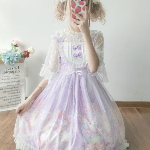 A Basket of Cats Cute Girls Lolita JSK Dress & Summer Star Mesh Inner Shirt Short Sleeve Lace Blouse & Dress Veil Tunic
