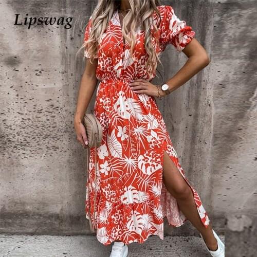 Fashion Elegant Floral Print Party Dress Women Sexy V Neck Button Split Long Dress Summer Casual Short Sleeve Maxi Beach Dresses
