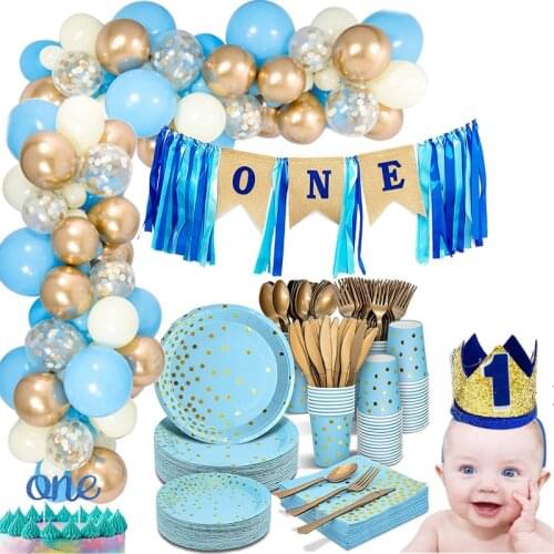 Blue Dot Party Disposable Tableware Set White And Gold Latex Balloons Garland Arch Set Baby Shower Boys 1st Birthday Party Decor