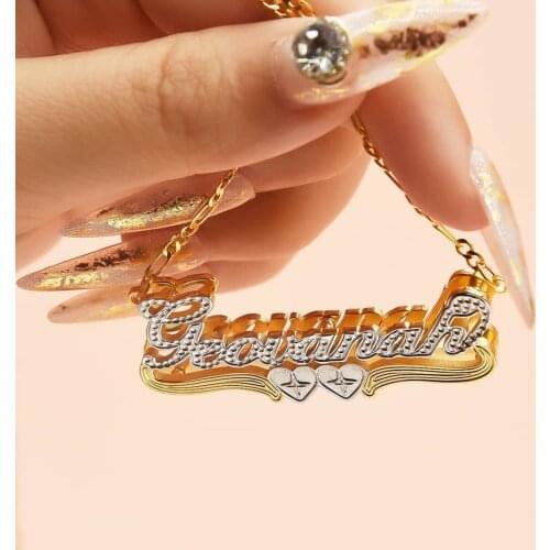 Personalized Two Tone Double Plate Gold Plated Necklaces Customized Two Heart 3D Name Necklace For Women Girls Jewelry Gift