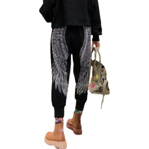 Harem Pants Womens Rhinestone Wings Golden Silver Streetwear Women Fashion Harajuku Pants Radish Loose Casual Sports Sweatpants