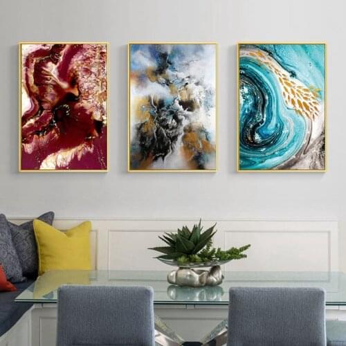 Blue Floral Red Marble Landscape Art Canvas Wall Poster Nordic Abstract Texture Print Painting Decorative Picture Modern