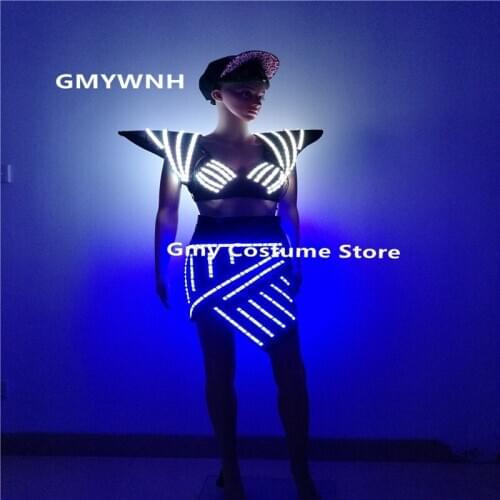 SS2 RGB colorful led light costumes stage wears cosplay bra bikini women sexy dj dress cloth club performance skirt show party