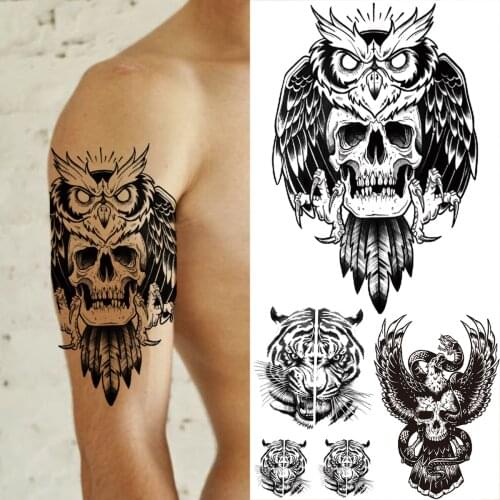 Owl Skull Temporary Tattoos For Men Women Adult Black Tiger Feather Wings Fake Tattoo Sticker Waterproof Hand Evil Devil Tatoos