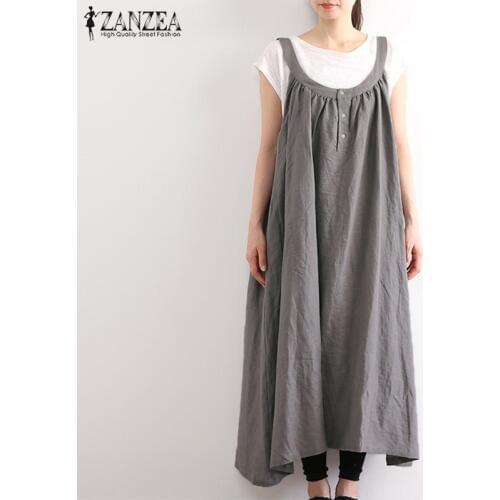 ZANZEA 2021 Vintage Suspender Overall Dress Womens Summer Autumn Sundress Casual Baggy Sarafans Vestidos Female Plus Size Robe