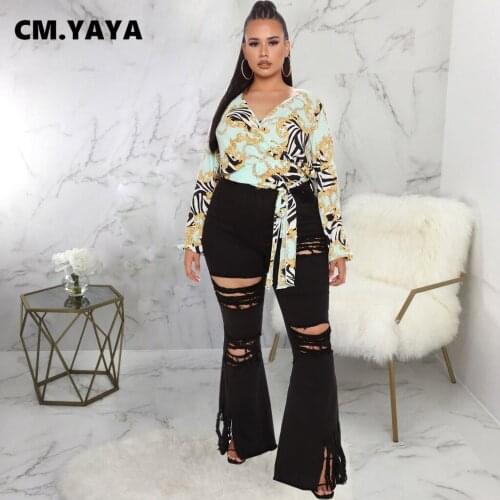 CM.YAYA Women Plus Size Jeans Solid Ripped Tassel Flare Denim Pants Fashion Skinny High Waist Trousers Casual Streetwear Autumn