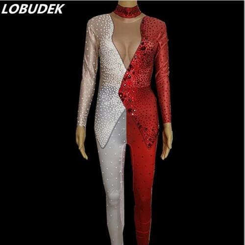 Teacher style female DS costumes Flash Crystals jumpsuit Leotard Stretch Rompers Bar Lead dance singer performance outfit stage