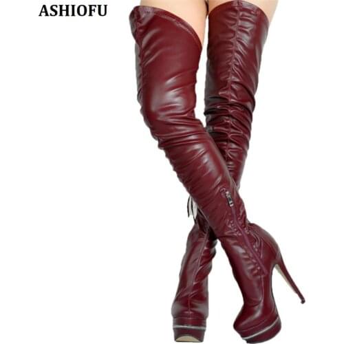 ASHIOFU New Handmade Womens Over Knee Boots Night-club Party Sexy Thigh High Boots Winter Fashion Prom Long Boots Shoes