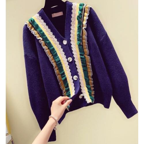 2021 autumn and winter new fashion lantern sleeve stitching knit sweater women V-neck contrast color cardigan