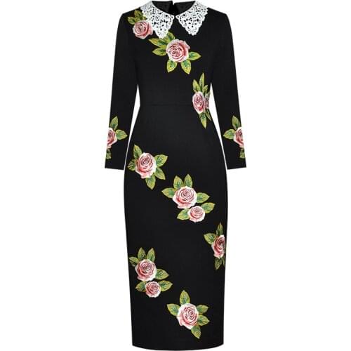 Embroidery High Quality Runway Fashion Autumn Winter Women Elegant Slim Flower Lace Collar Long Christmas Dress