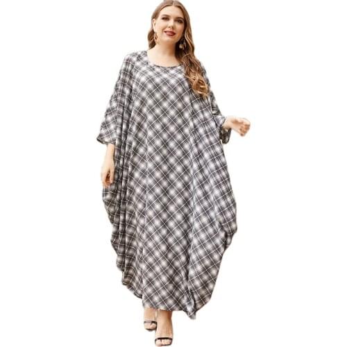 2240 Large Loose Plaid Printed Round Neck Bat Robe Long Sleeve Womens Dress