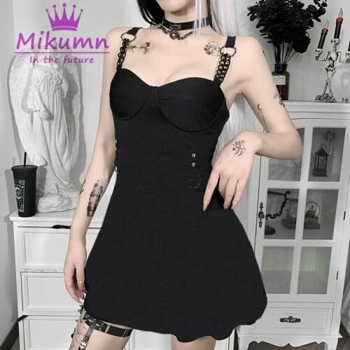 Gothic Grunge Punk Black Metal Chain Sleeveless Sexy Spaghetti Straps Mini Dress Women High Waist A Line Party Dress