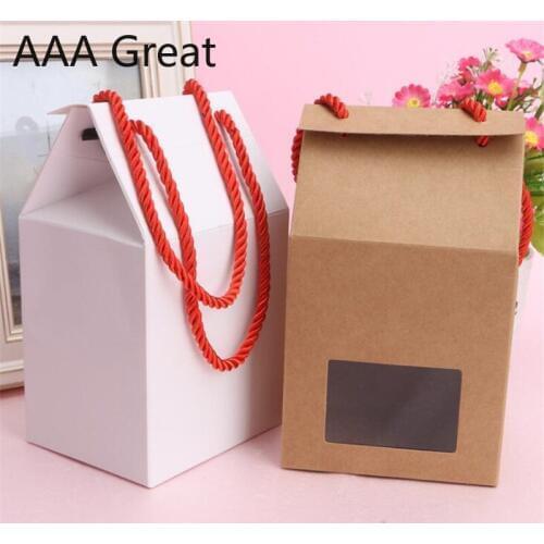10Pcs/Lot Kraft Paper Candy Box Clear Window Cookies Packing Bags With Handle Gift Packaging Cake Bread Party Pouches