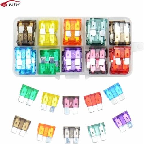 100/50Ps Profile Medium Size Blade Type Car Fuse Assortment Set Auto Car Truck 2.5/3/5/7.5/10/15/20/25/30/35A Fuse with Box Clip