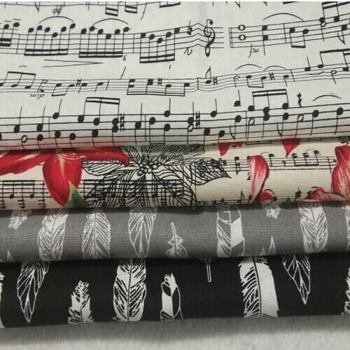 25x24cm 4pcs Quality Black White Music Note Black Grey Feather Printed Cotton Fabric Bundle Small Size Sewing Patchwork Decor