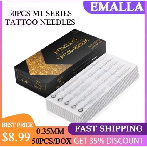EMALLA 50Pcs 5/7/9/11/13/15M1 Tattoo Needles Disposable Sterilized Stainless Steel Tattoo Machine Needles for Tattoo Supplies