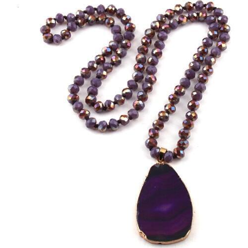 Free Shipping Fashion Purple Crystal Glass Knotted Natural Stone Drop Pendant Necklace