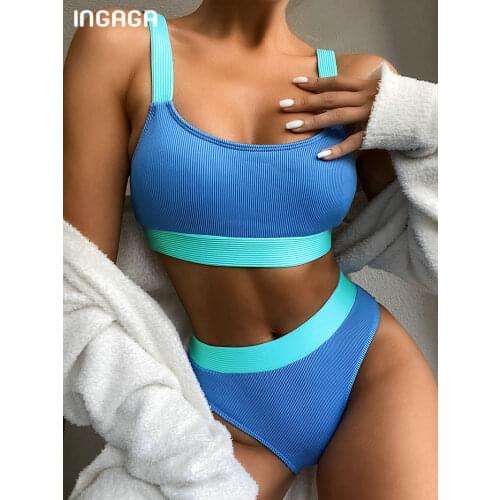 INGAGA High Waist Bikinis 2021 Swimsuits Bandeau Swimwear Women Splicing Biquini Beachwear Sports Ribbed Bathing Suits New