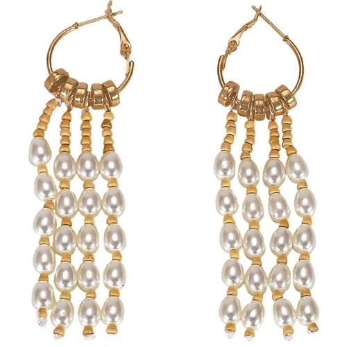 BK Jewelry White Long Pearl Earrings Resin Beads Crystals Tassels Pendant Drop Dangle Loop Tribal Summer Woman Gift