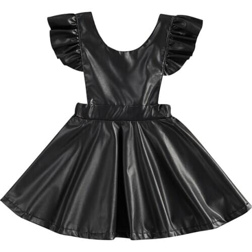 Toddler Kids Baby Girl Overall Dress Faux Leather Ruffle Sleeve Backless Suspender Dresses Casual Princess Clothes Fashion New