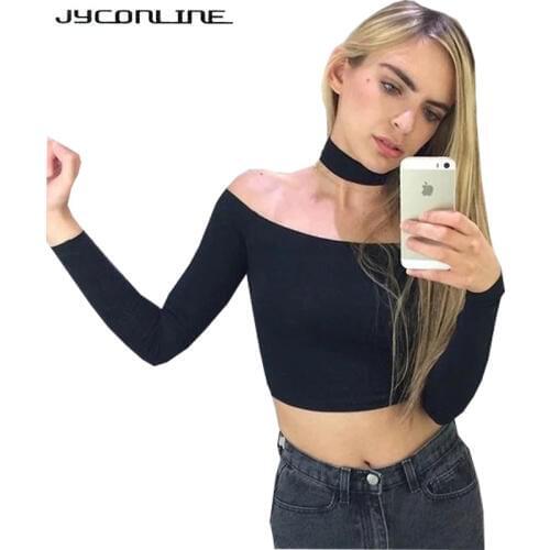 JYConline Sexy Off Shoulder T-shirt Women Cropped Tops Long Sleeve Halter Top Tees Shirts Female Harajuku T-shirts For Women