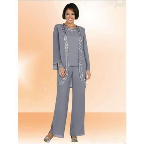 Custom Made Mother of the Bride or Groom Dresses With Jacket Pants Suits Three Pieces Silver Chiffon Wedding Guest Wear