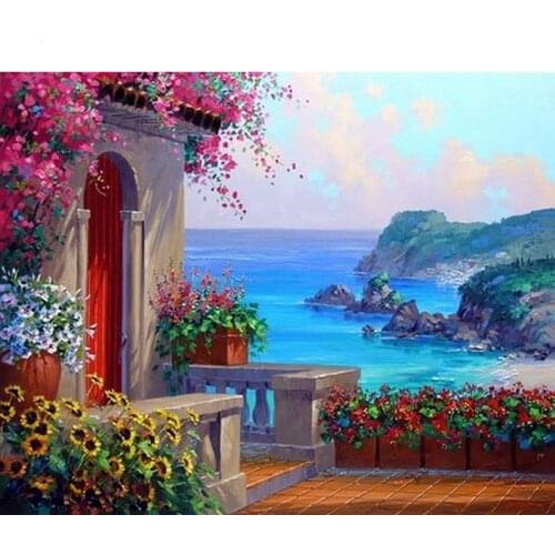 Seaside Cottage Scenery 40×50CM Painting By Numbers Picture Colouring Zero Basis HandPainted Oil Painting Unique Gift Home Decor