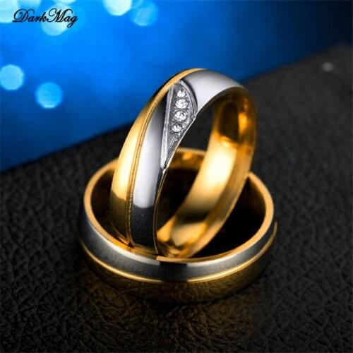 DarkMag Trendy Gold Color Love Ring for Women Men Couple CZ Crystal Ring Luxury Stainless Steel Zircon Jewelry Wedding Gift