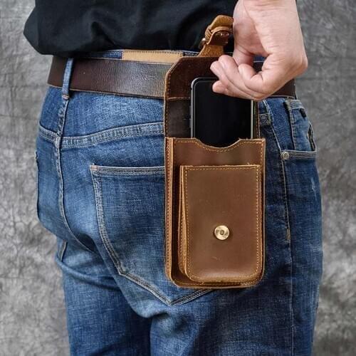 Luufan Real Leather men Casual Small Waist Bag Cowhide Fashion Hook Bag Waist Belt Pack Cigarette Case 5.5" Phone Pouch