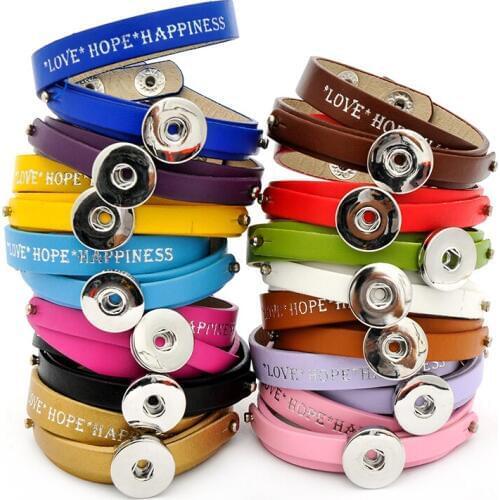 Fashion SE0052 "Love Hope Happiness" 2 layer Leather snap Bracelet Bangle 45cm fit 18MM snap buttons jewelry