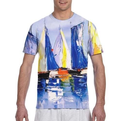 Sea Boats Oil Painting Fashion T-shirt Men 2020 Summer Crew Neck Mens Tshirt Tee Shirts