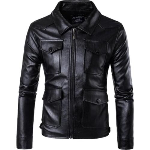 Mens leather jacket slim motorcycle leather coat men jackets Multi-pocket clothes personalized stage street fashion black spring