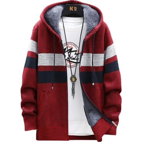 Men Winter Sweater Fleece Warm Hooded Cardigan Mens Striped Patchwork Slim Fit Coat Knitted Cardigan
