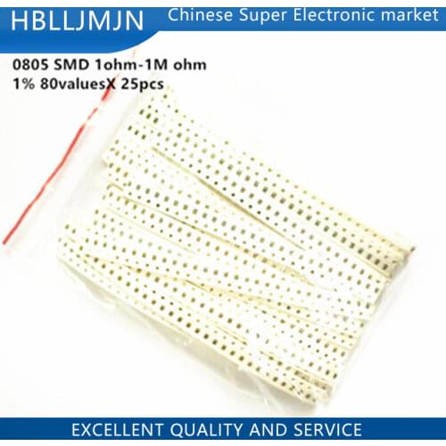 2000PCS 0805 SMD Resistor Assorted Kit Set 10R-910K 1% 0805 Smd Resistors Pack 80ValuesX 25pcs=2000pcs Sample Smd Resistances