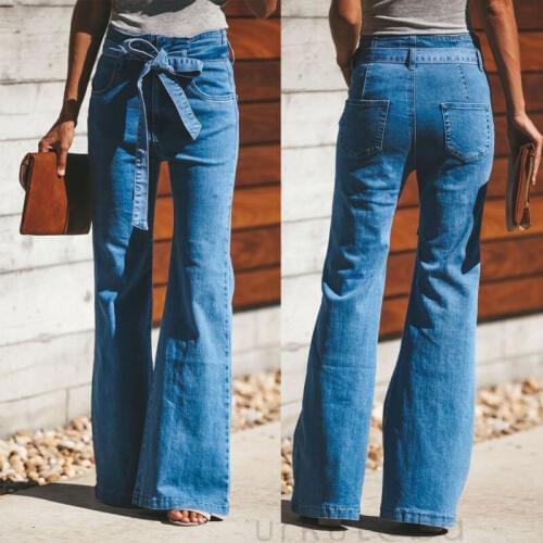 2020 Newest Hot Womens Fashion High Waist Denim Wide Leg Leggings Trouser Jeans Long Flare Bell Bottom Pant With Denim Belt