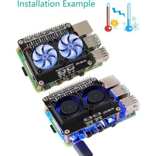 52Pi for Raspberry Pi LED Dual Cooling Fan Module GPIO Expansion Board compatible for Raspberry Pi 4 Model B 3B+/3B/4B