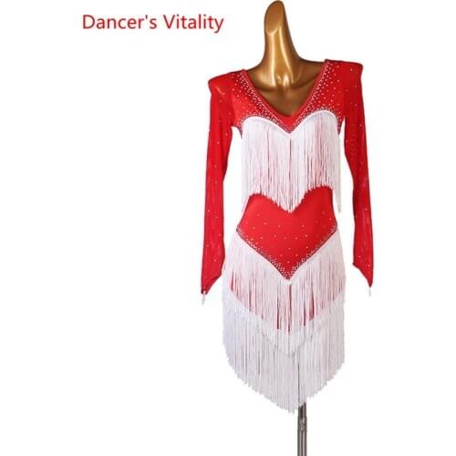 Latin Dance Female Adult High-end Custom Tassel Dress Performance ClothingChild Sexy Competition Skirt Long Sleeves New