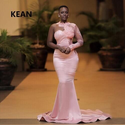 Pink Evening Dress Appliques Full Sleeve Mermaid Illusion Robe De Soiree Islamic Dubai Kaftan Saudi Arabic Prom Dress vestidos