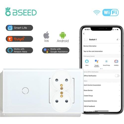 BSEED Wifi Touch Switch French Double Socket Without Smart Glass Panel 1/2/3 Gang 12/3Way Wall Light Switch Google Alexa Tuya