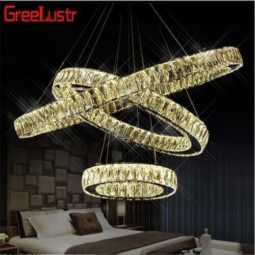 Modern Luxury Big Crystals LED Pendant Lamp Diamond Ring LED Chandelier Stainless Steel Hanging Light Fixtures LED Lustre
