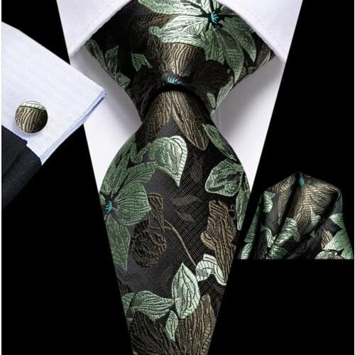 Hi-Tie Floral Light Green Silk Wedding Tie For Men Handky Cufflink Fashion Design Tie For Men Necktie Business Party Dropshiping
