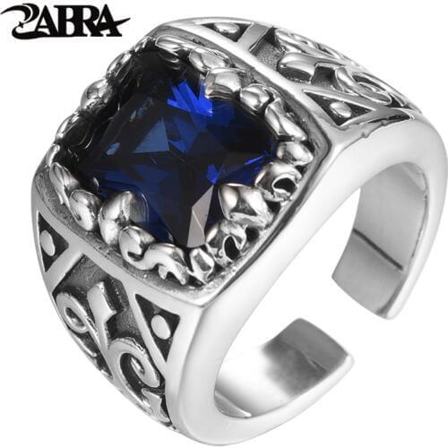 ZABRA Vintage Blue Stone Ring For Men Real 925 Sterling Silver Ring Women Heavy Rock Jewelry For Biker Man Resizable Size 9-11