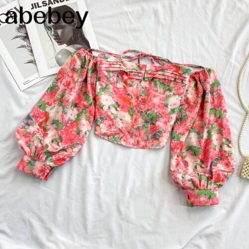 2021 New Summer Women Sweet versatile slash neck Lantern Sleeve Shirt high waist pleated print short halter Shirt Top