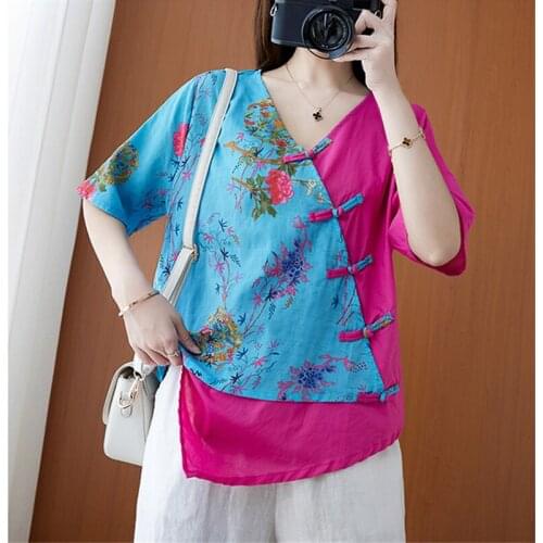 2021 Summer Fashion New Plus Size Women Clothing Retro Printing Oblique Placket Button Printed Cotton And Linen Thin Shirt Trend