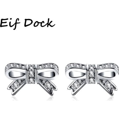 Eif Dock 925 Silver Color Sparkling BowKnot Stud Earrings With Clear CZ Women Party Luxury Jewelry 2021 New