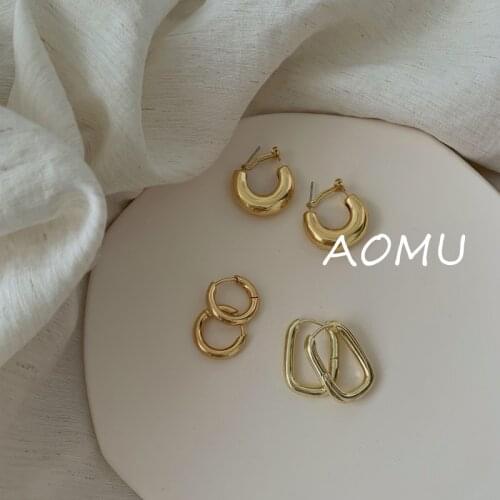 AOMU 2020 Simple Vintage Twisted Geometric Round Circle Hoop Earrings Chic Brass Metal Gold Color Earrings for Women Hook Punk