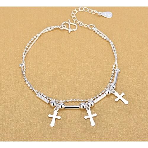 Double Layered 925 Sterling Silver Cross Charm Bracelet For Women Silver Beads Jewelry Gifts