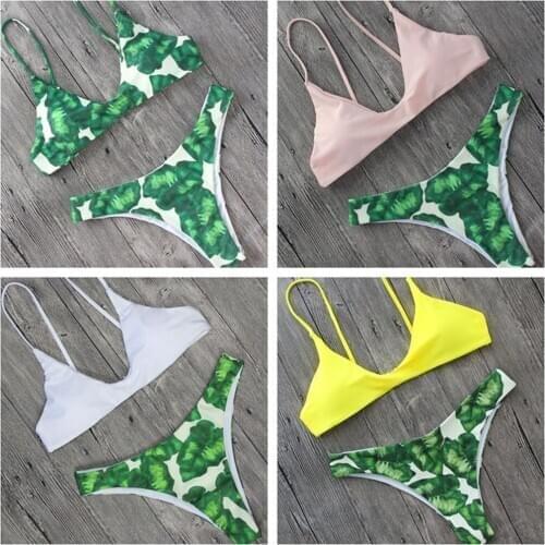 Womens Swimming Suit Sexy Bikini Swimsuit Women Swimwear Bikini Set Print Leaves Push-Up Padded Bathing Beachwear Swimsuit