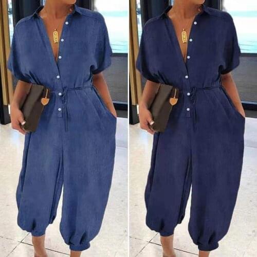 Female Jumpsuit Solid High Waist Button Overalls Short Sleeve Cargo Pants Pockets Romper Summer Women Casual Elegant Jumpsuits