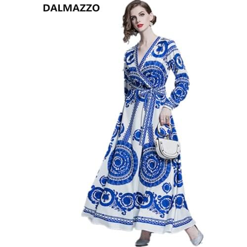 Retro Print Women V Neck Long Sleeve Blue And White Porcelain Big Swing Long Dress 2021 Spring Autumn Plus Size Lacing Vestidos